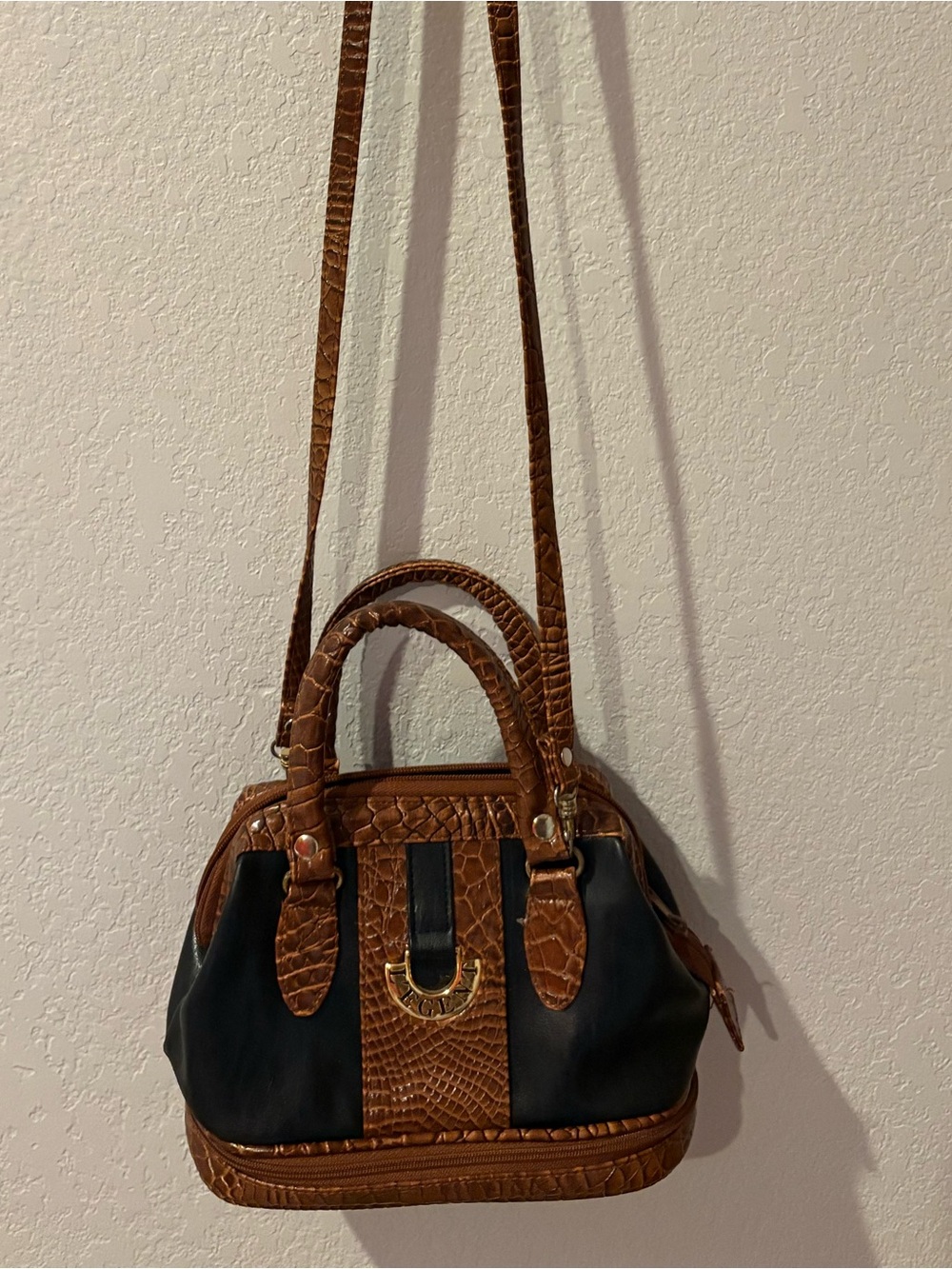 Y2K Brown Croc-Textured Leather Satchel Bag with Black Panels